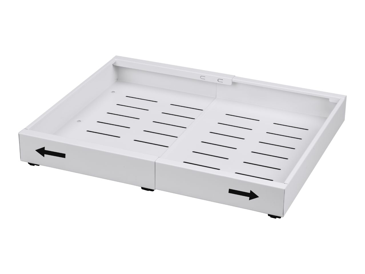 White expandable under-sink organizer with directional arrows