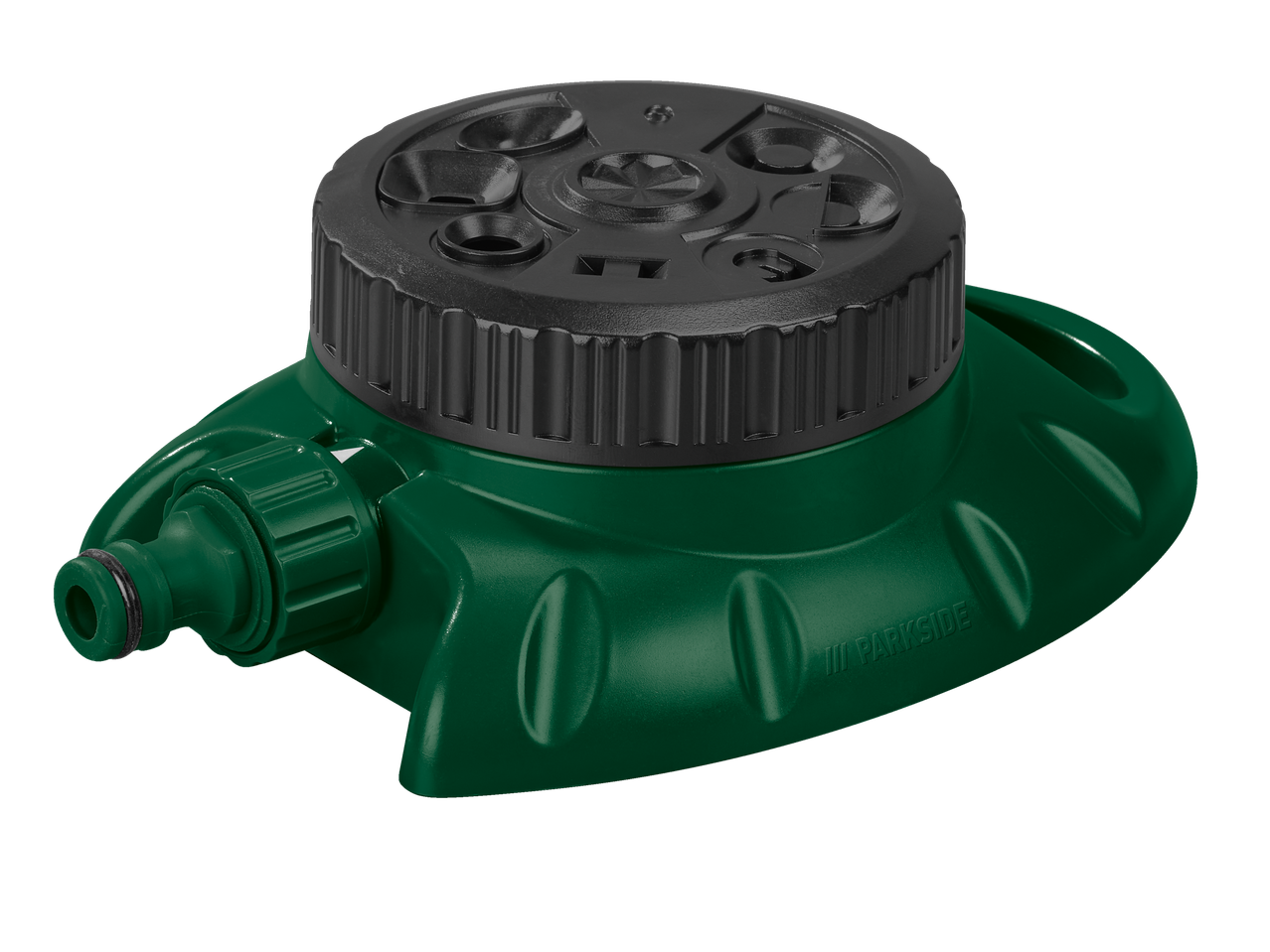 Zaļš plastmasas Parkside rotējošs smidzinātājs.