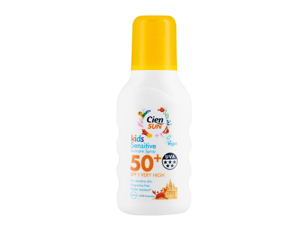 Kids sensitive suncare spray SPF 50+ with UVA and UVB protection, water resistant, and fragrance-free.