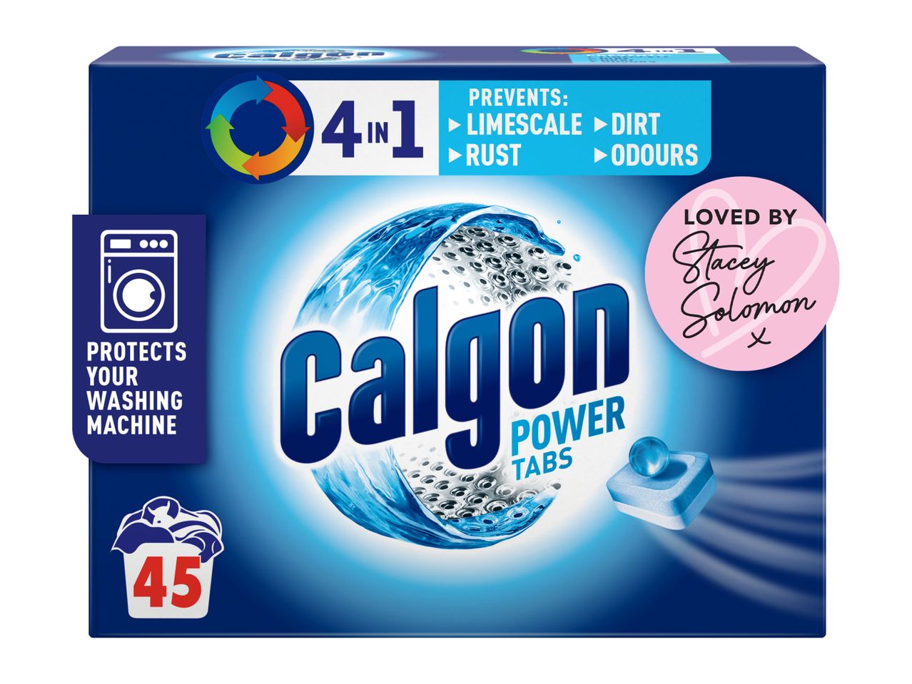 Calgon Power Tabs 4-in-1 washing machine protector, 45 tabs, endorsed by Stacey Solomon.
