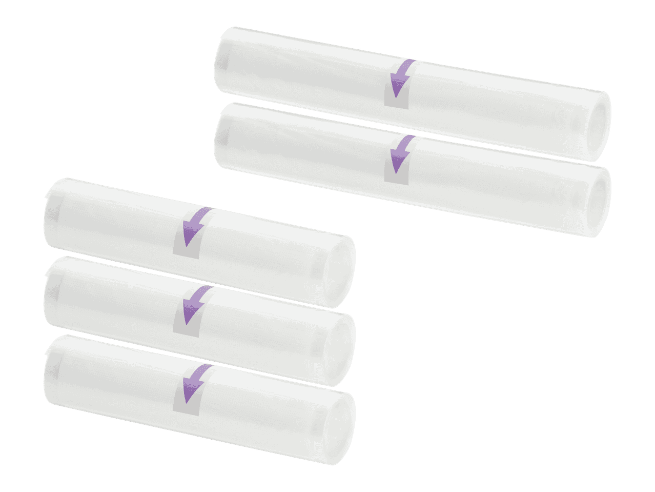 Kuusi rullaa tyhjiöpakkauspusseja, joissa on violetit nuolikuvioinnit.