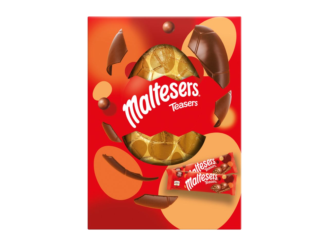 Red box with a broken chocolate Easter egg, revealing gold foil, and two chocolate bars.