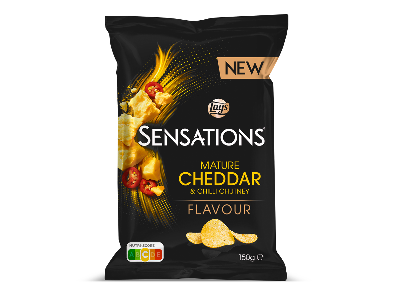 Zak chips met de smaak van gerijpte cheddar en chilichutney, met een Nutri-Score A.