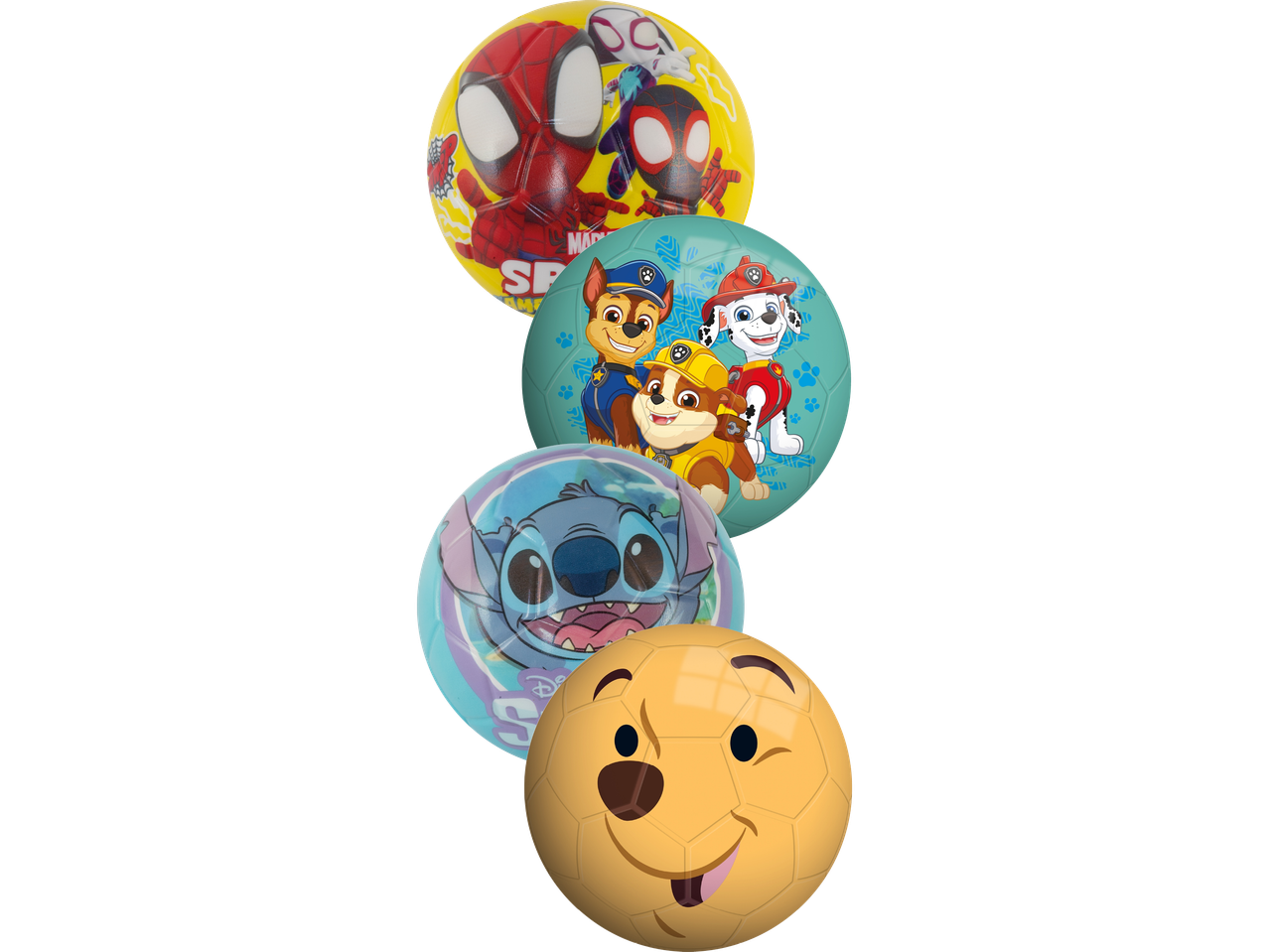 Fyra färgglada bollar med karaktärer som Spiderman, Paw Patrol, Stitch och en smiley.