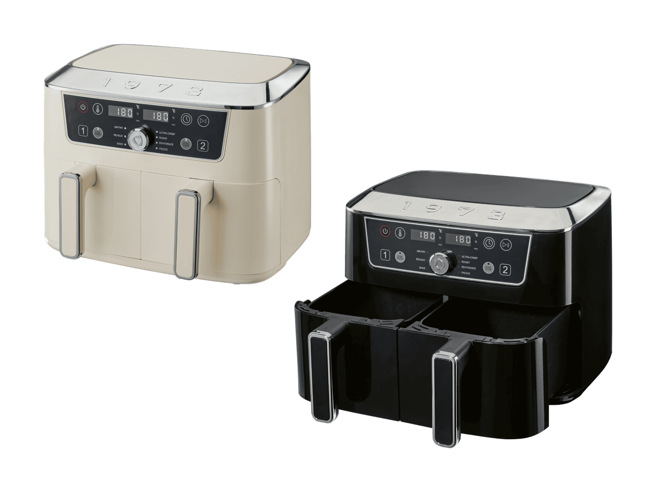 Zwei Heißluftfritteusen mit Doppelkammer in Creme und Schwarz mit digitalem Display.