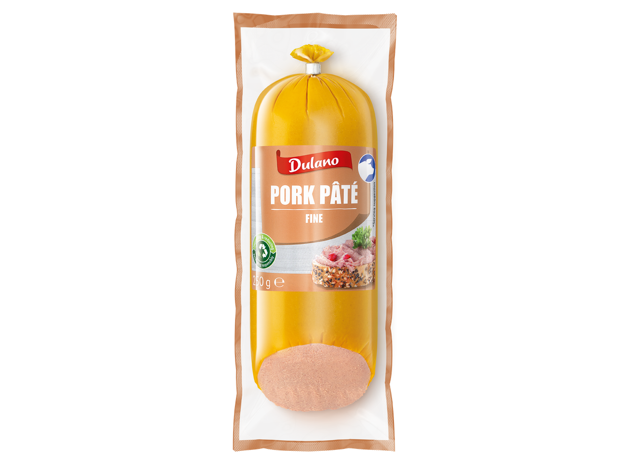 Опаковка с пастет от свинско месо, 250 грама, с надпис „Pork Pâté Fine“ и илюстрация на филия хляб с пастет.