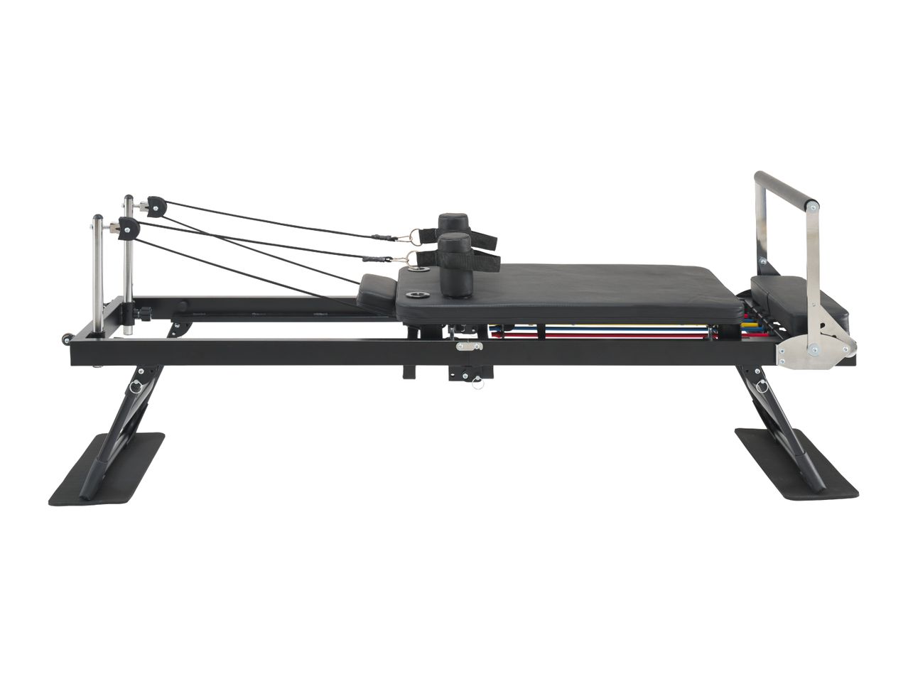 Black pilates reformer with adjustable ropes and foot bar