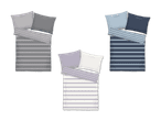 Drei Tom Tailor Bettwäsche-Sets in Grau, Blau und Lila mit Streifenmuster.