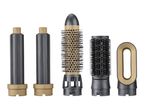 Hair styling attachments including two curling barrels, a round brush, a paddle brush, and a smoothing dryer.