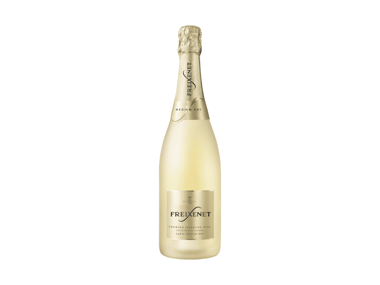 Bottiglia di spumante bianco secco con etichetta dorata su sfondo nero.