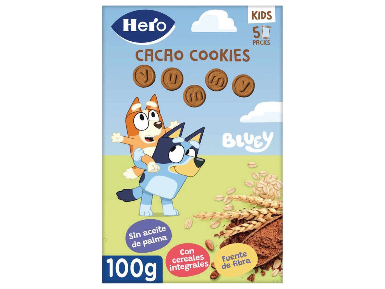 Bolachas de cacau para crianças com personagens de desenhos animados, sem óleo de palma e com cereais integrais.