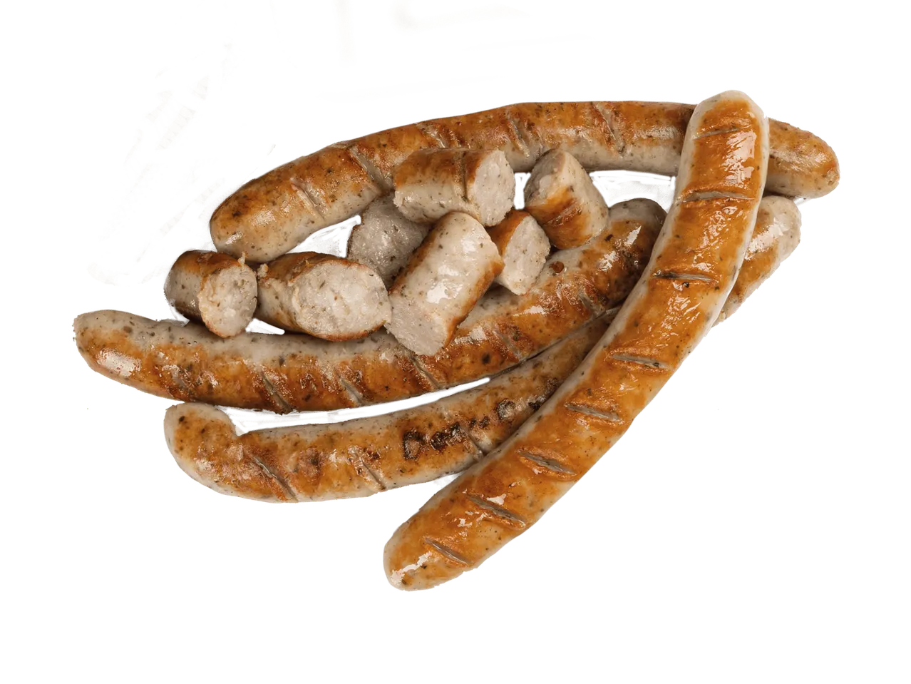 Gegrillte Weißwürste liegen aufeinander.