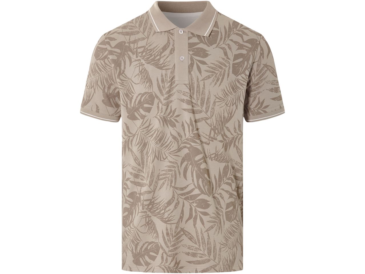 Polo a maniche corte beige con stampa tropicale.