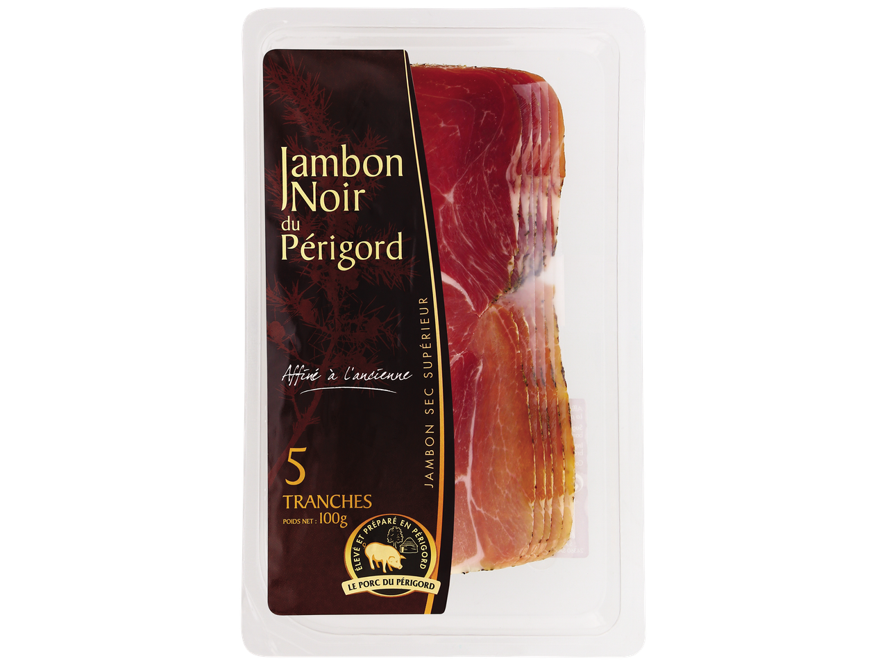 Jambon sec supérieur du Périgord, 5 tranches, 100g.