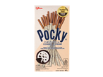 A box of chocolate biscuit sticks coated in vanilla milk cream with cookie crumbs, labeled as cookies & cream flavor.