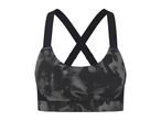 Black and grey tie-dye sports bra with criss-cross back straps.
