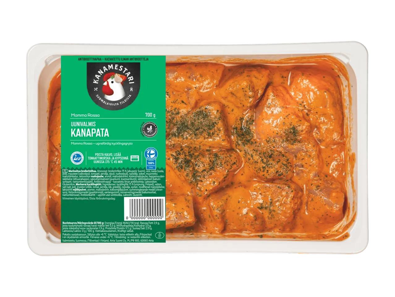 Uunivalmis kanapata tomaattimurskassa, 700 g, pakattuna suojakaasuun.