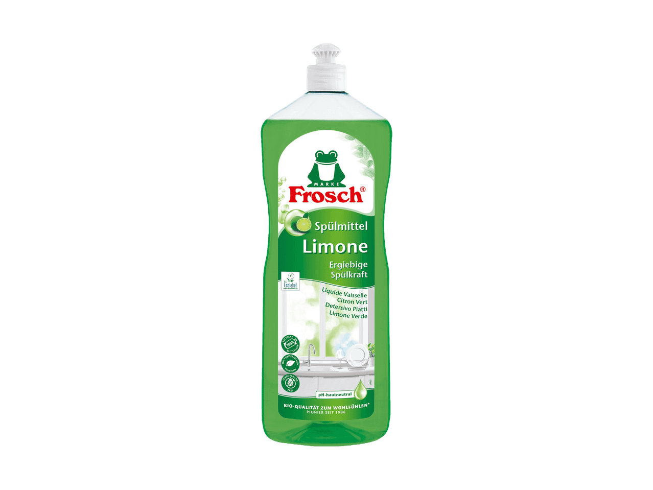Detersivo per piatti al limone verde, formula delicata sulla pelle.