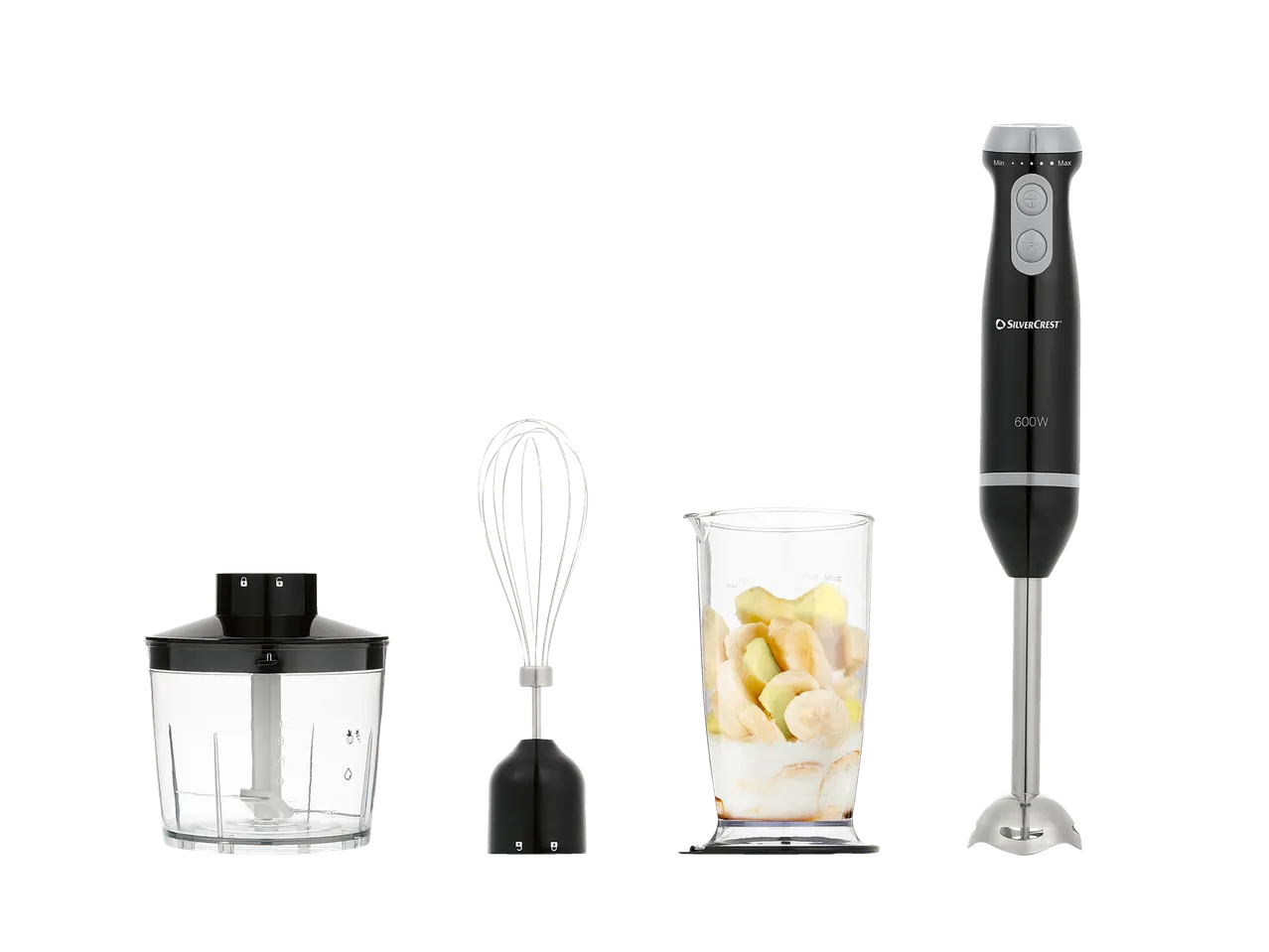 SilverCrest stavmixer 600W med bägare och visp.