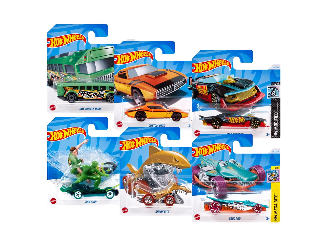 Aštuoni 'Hot Wheels' automobilių rinkiniai, įvairių spalvų ir dizaino.