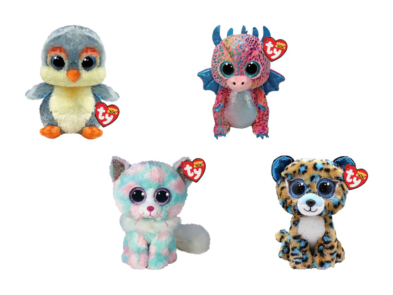 Vier Ty Beanie Babies Plüschtiere: Pinguin, Drache, Katze und Leopard.