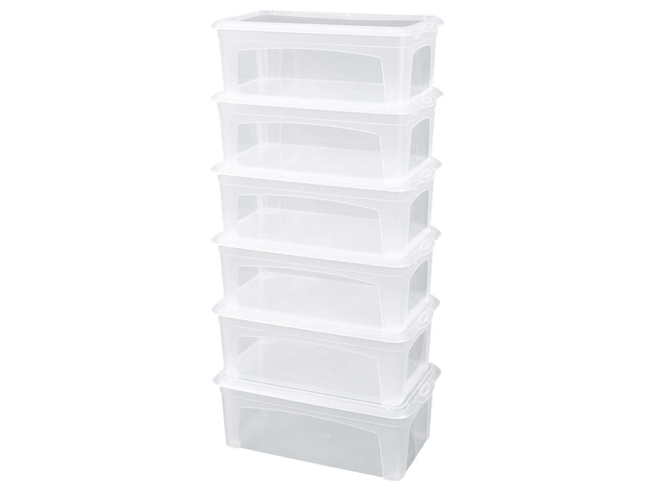Sechs transparente Plastikboxen aufeinandergestapelt.