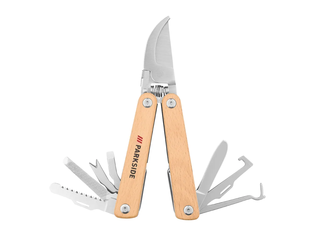 Multi-tool with wooden handles and various implements, including a pruning blade.