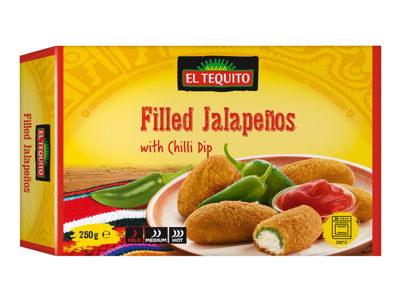Boîte de jalapeños farcis avec sauce chili, indiquant 250g, différents niveaux de piquant (doux, moyen, fort) et une température de cuisson de 220°C.