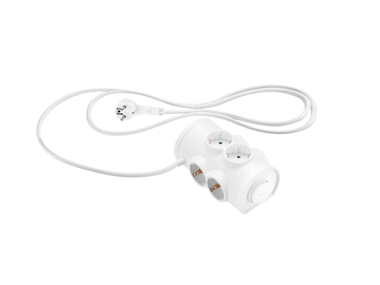 Balts pagarinātājs ar vairākām rozetēm un kontaktdakšu