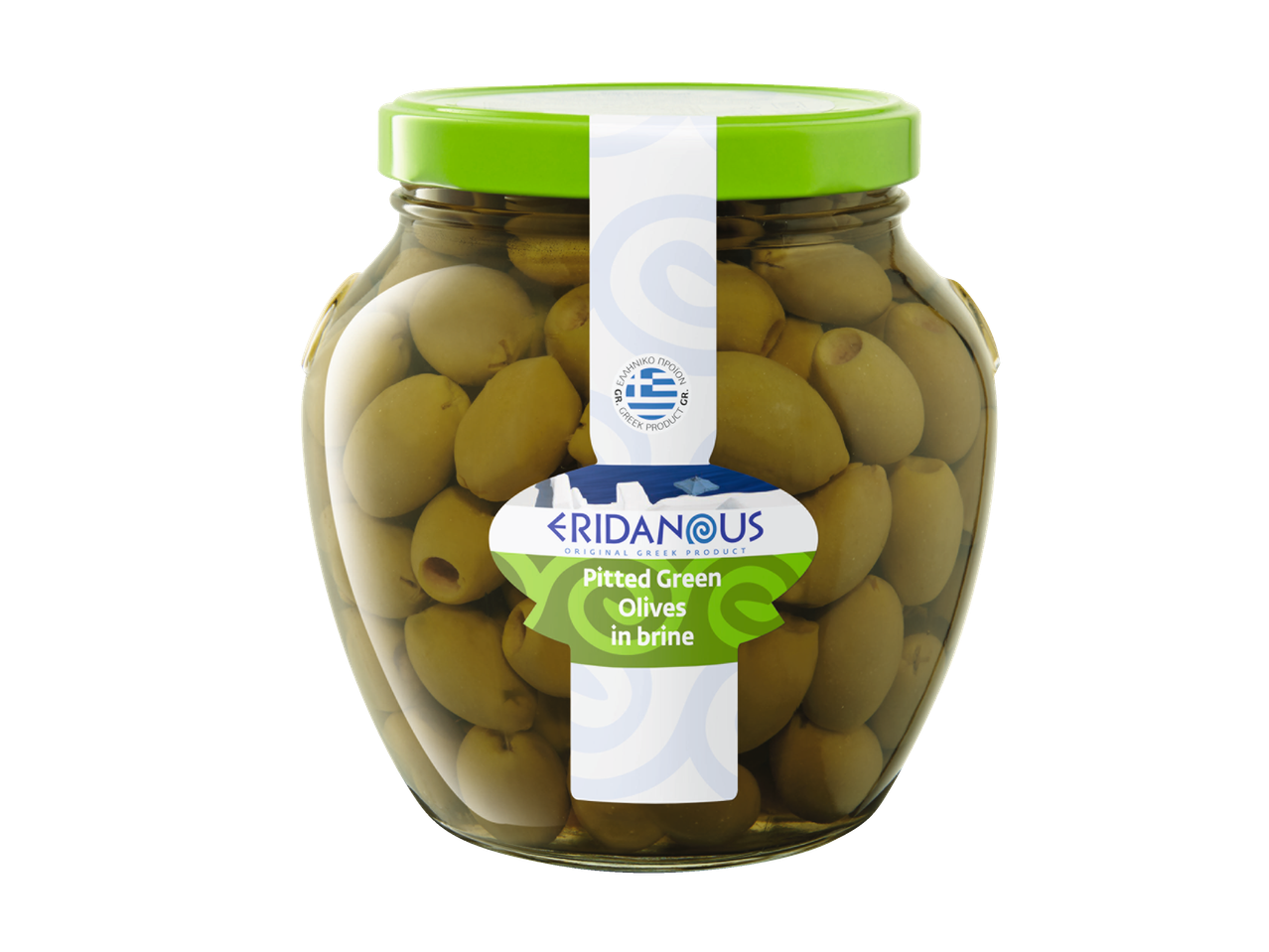 Eridanous pitted green olives in a jar.