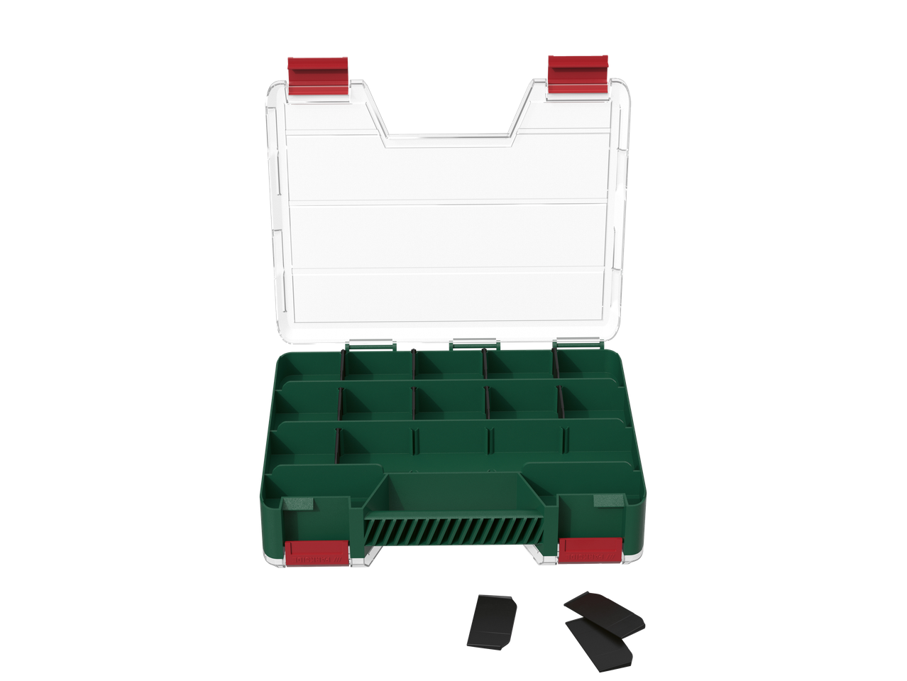 Caixa organizadora PARKSIDE com tampa transparente, base verde, fechos vermelhos e divisórias pretas