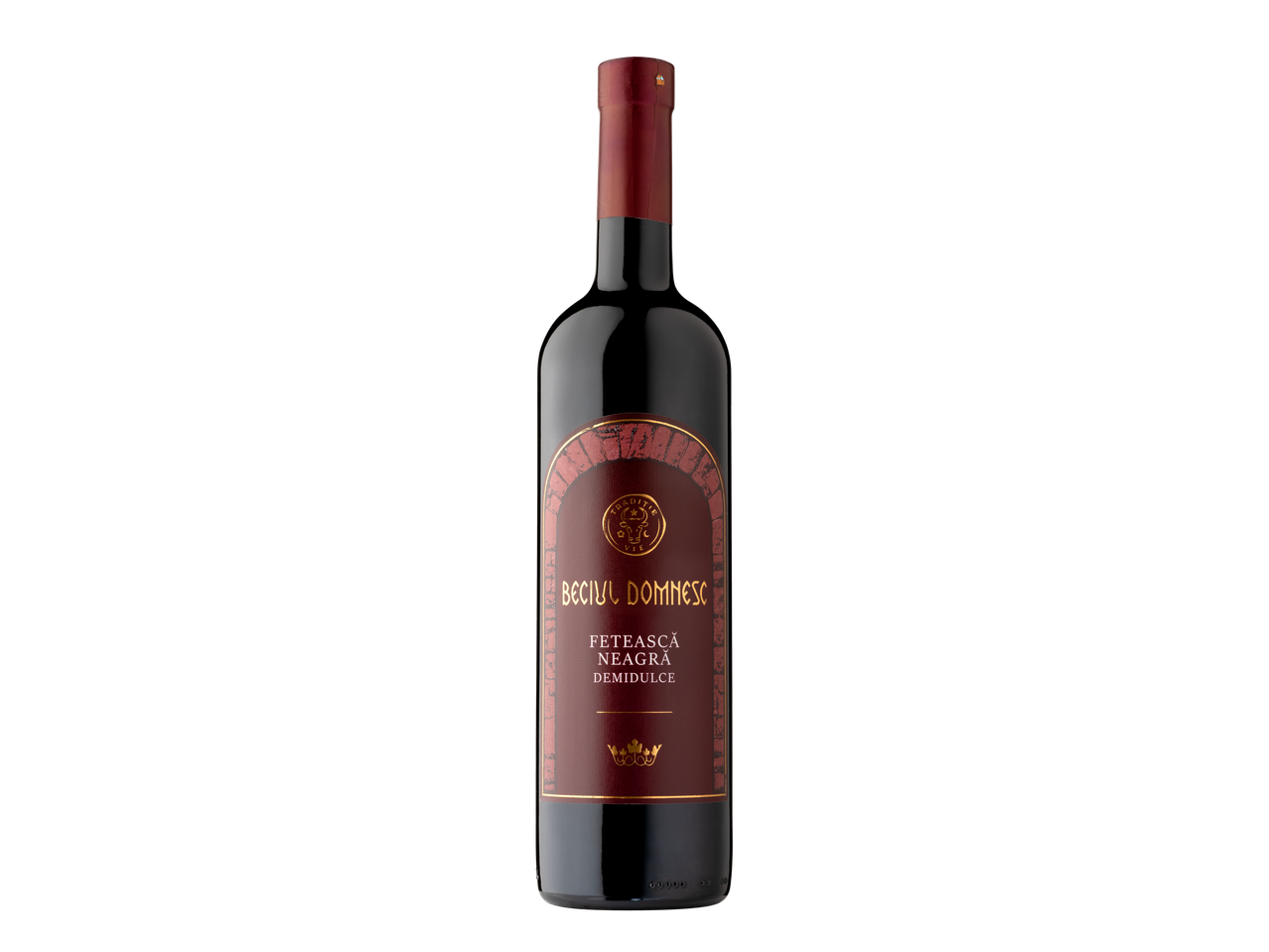 O sticlă de vin roșu Beciul Domnesc Fetească Neagră Demidulce.