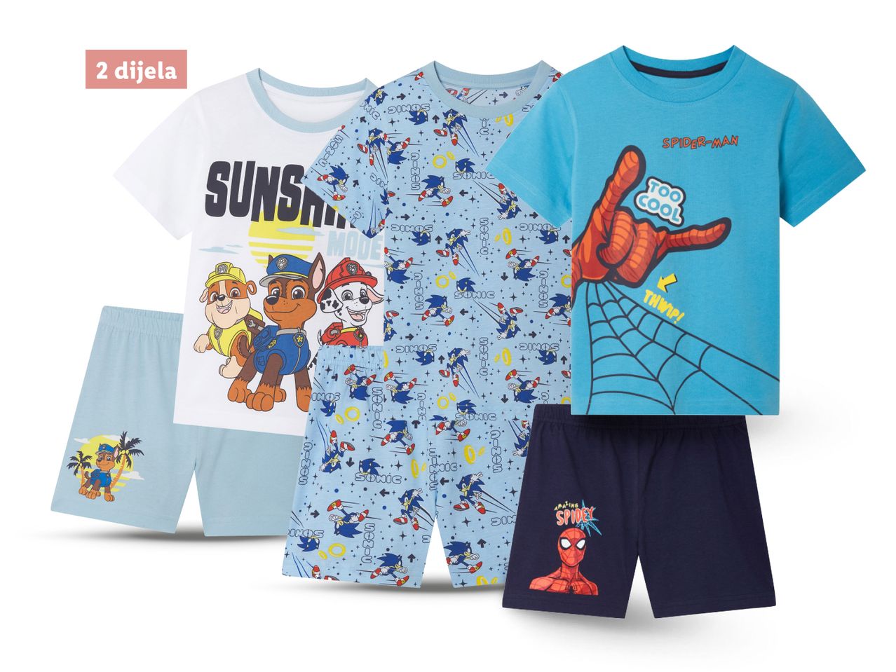 Dječji pidžama setovi s likovima iz Paw Patroly, Sonica i Spider-Mana.