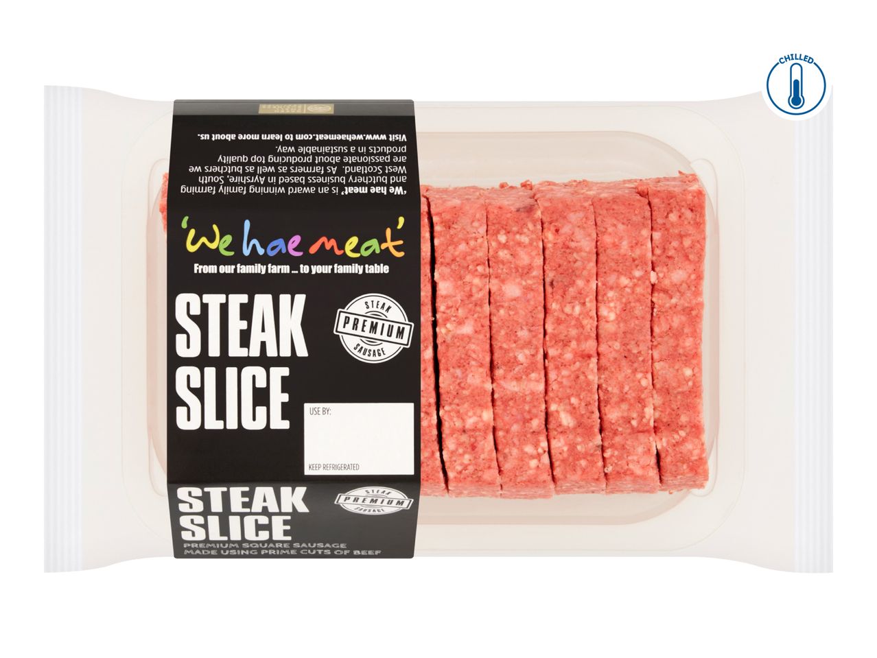 Packaged steak slices, a premium square sausage made from prime cuts of beef, chilled.