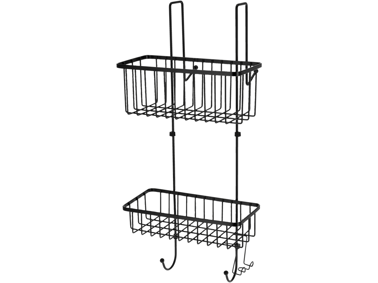 Prateleira de duche LIVARNO preta de dois cestos com ganchos.