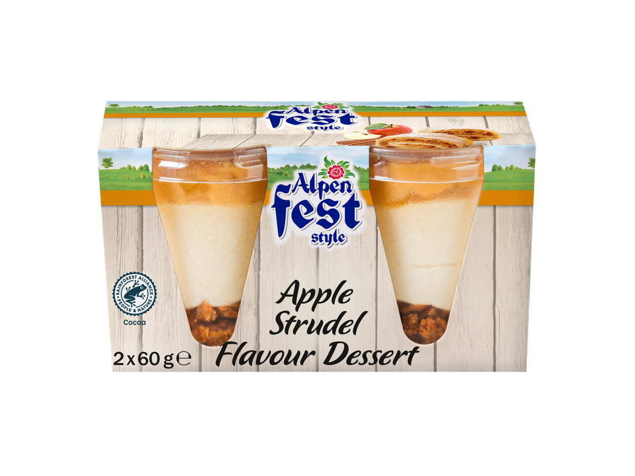 Alpenfest Style Apple Strudel Flavour Dessert, two 60g cups.