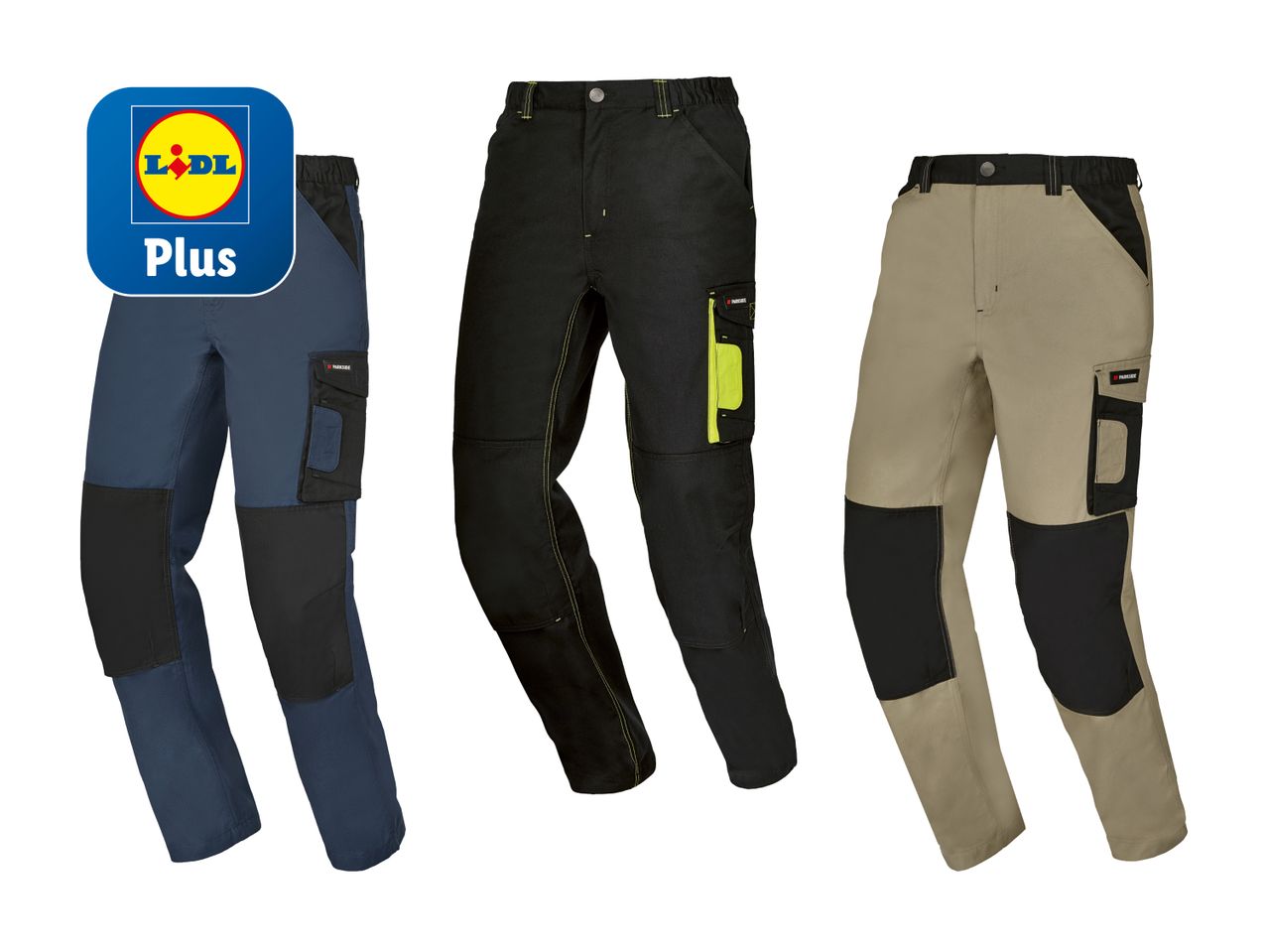 Tre pantaloni da lavoro resistenti, colori assortiti, marca non specificata.