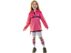 Smiling girl in a pink Kids' Training Jersey, white shorts, and striped socks.