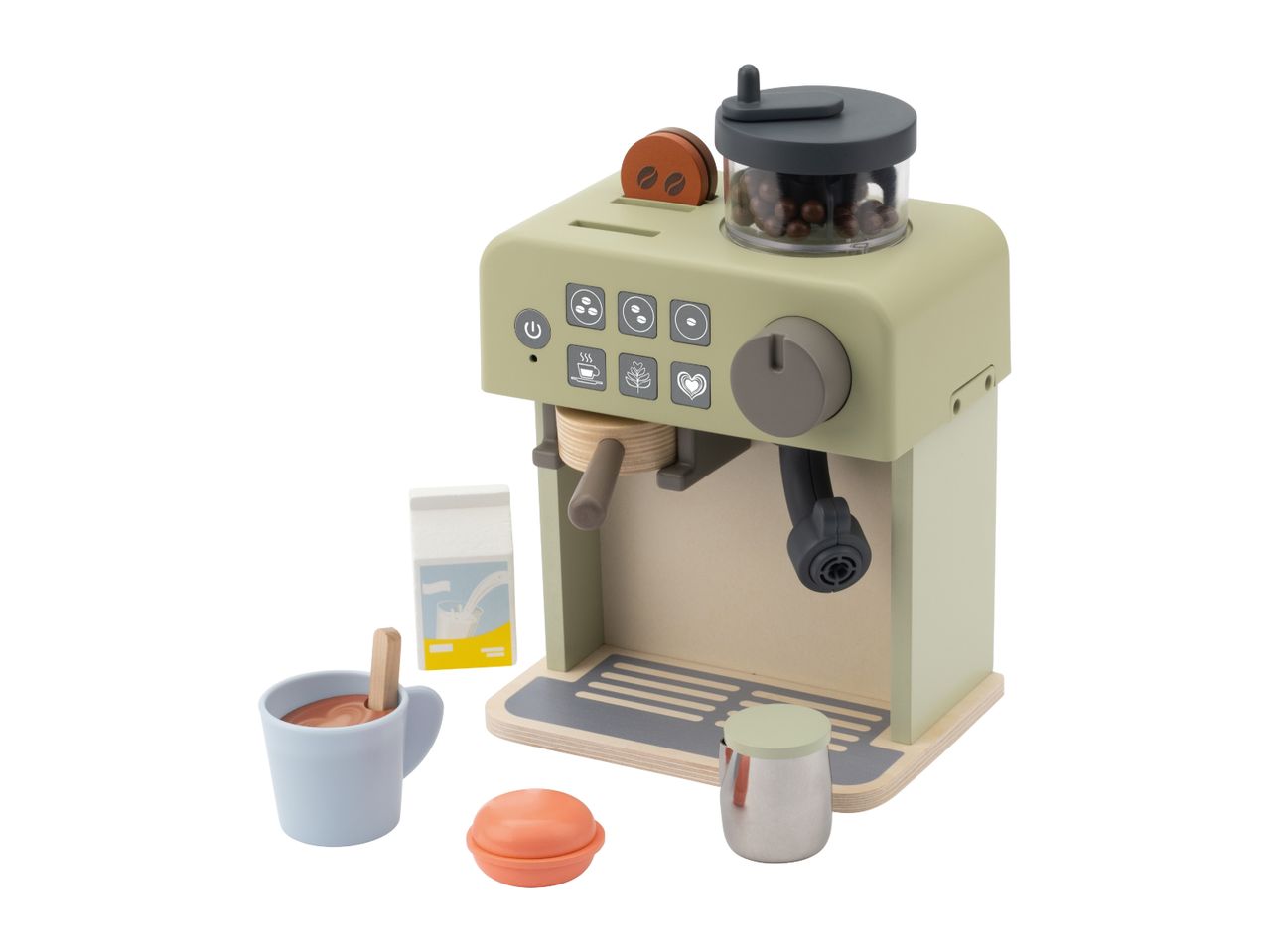Wooden toy coffee machine set with cup, milk carton, and accessories.