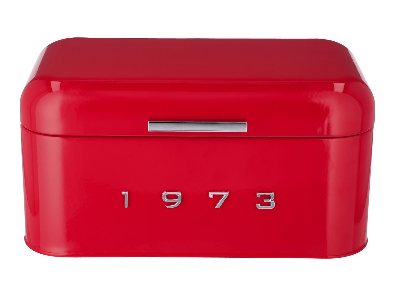 Red retro-style bread bin with the year 1973 in silver lettering
