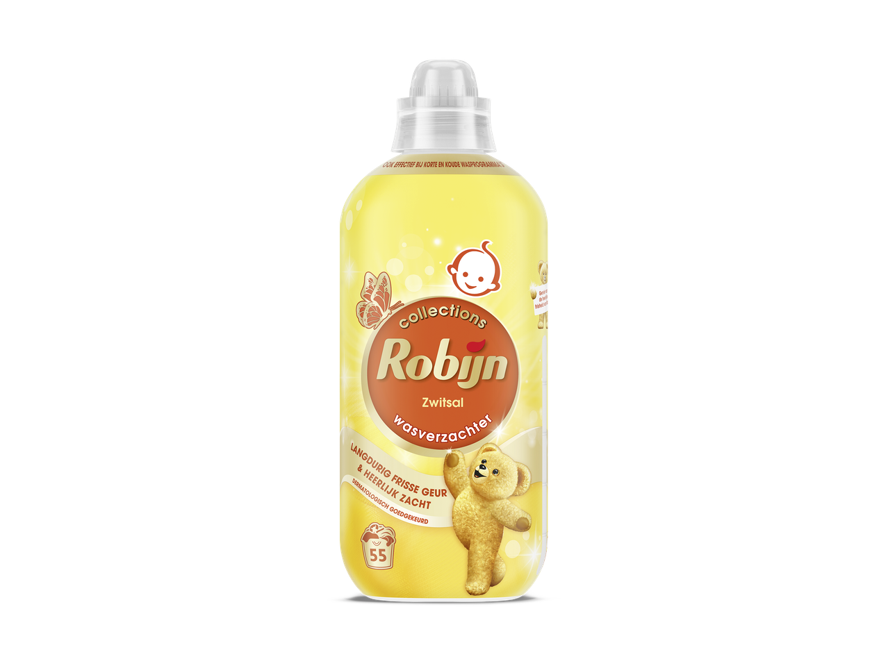 Gele fles wasverzachter met een teddybeer en vlinder, met de tekst 'Zwitsal wasverzachter'.