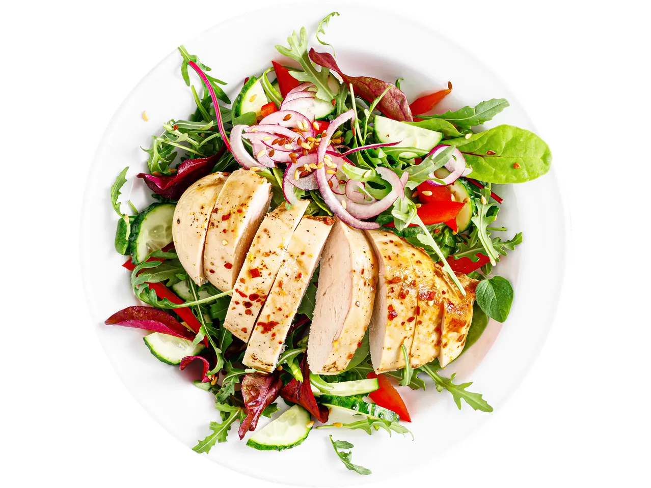 Grilled chicken breast slices served over a fresh salad with mixed greens, cucumber, red onion, and bell pepper.