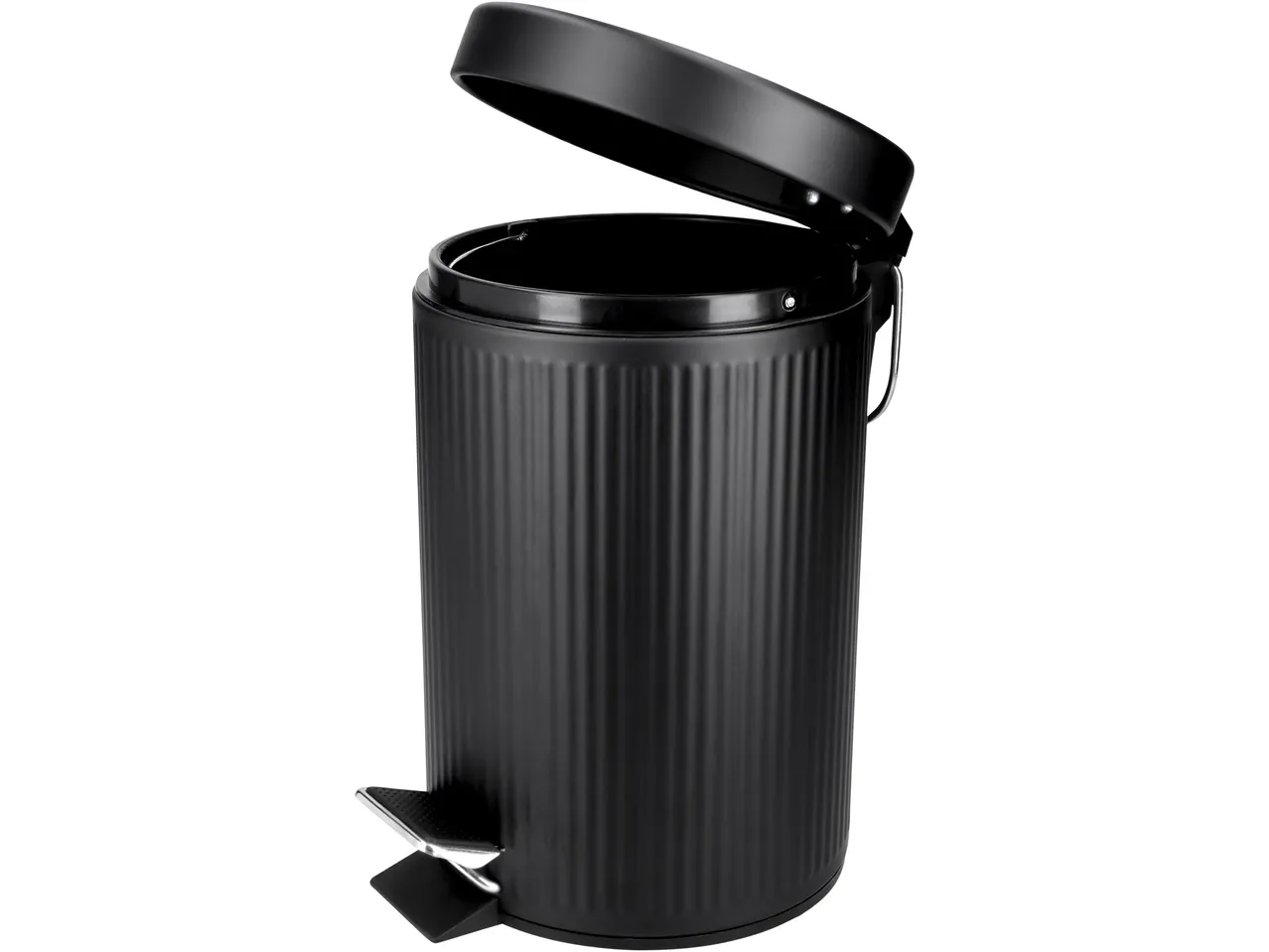 Livarno must pedaaliga prügikast soonilise pinnaga ja avatud kaanega