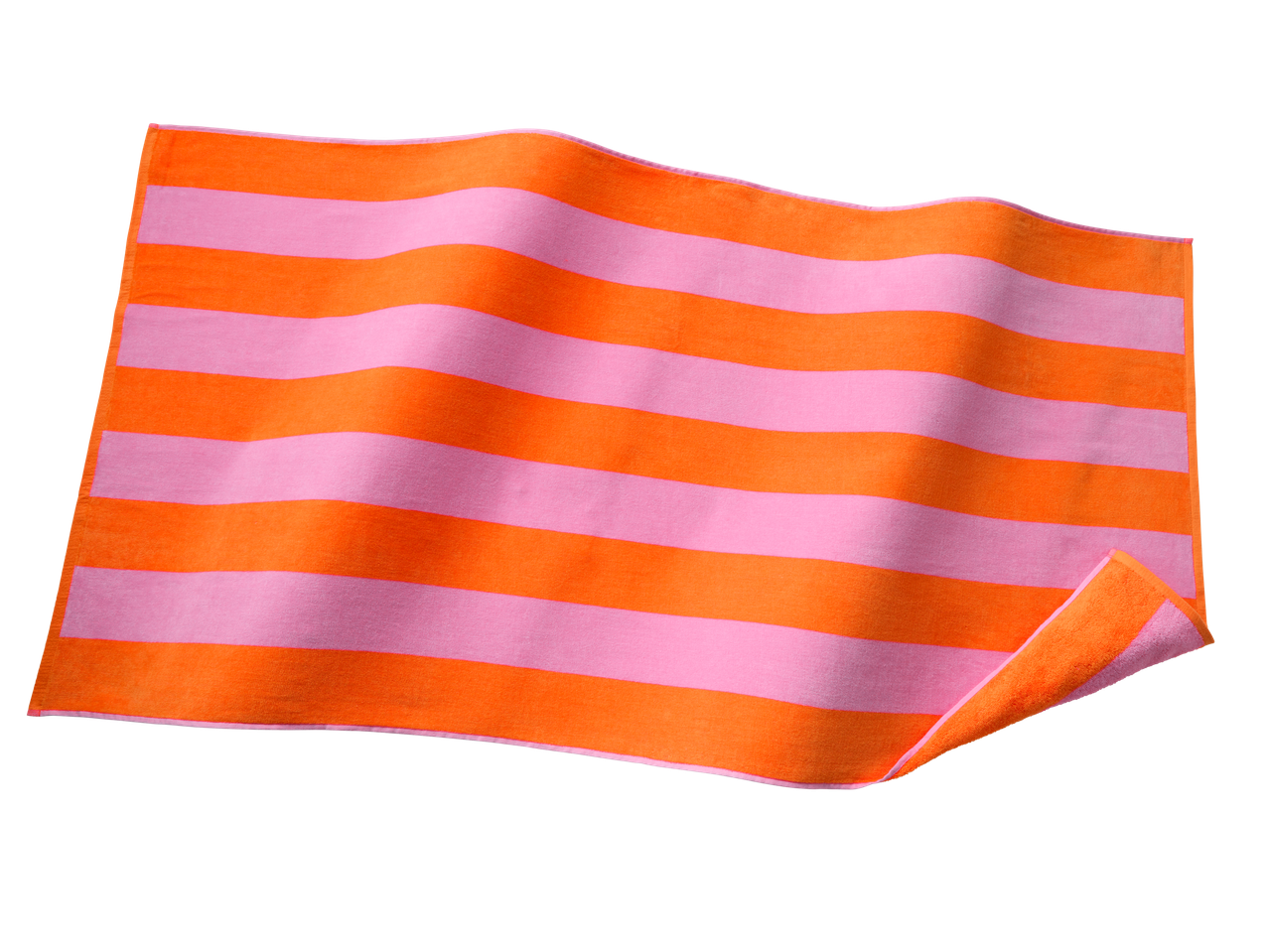 Orange and pink striped beach towel with a slight wave and a corner folded back.
