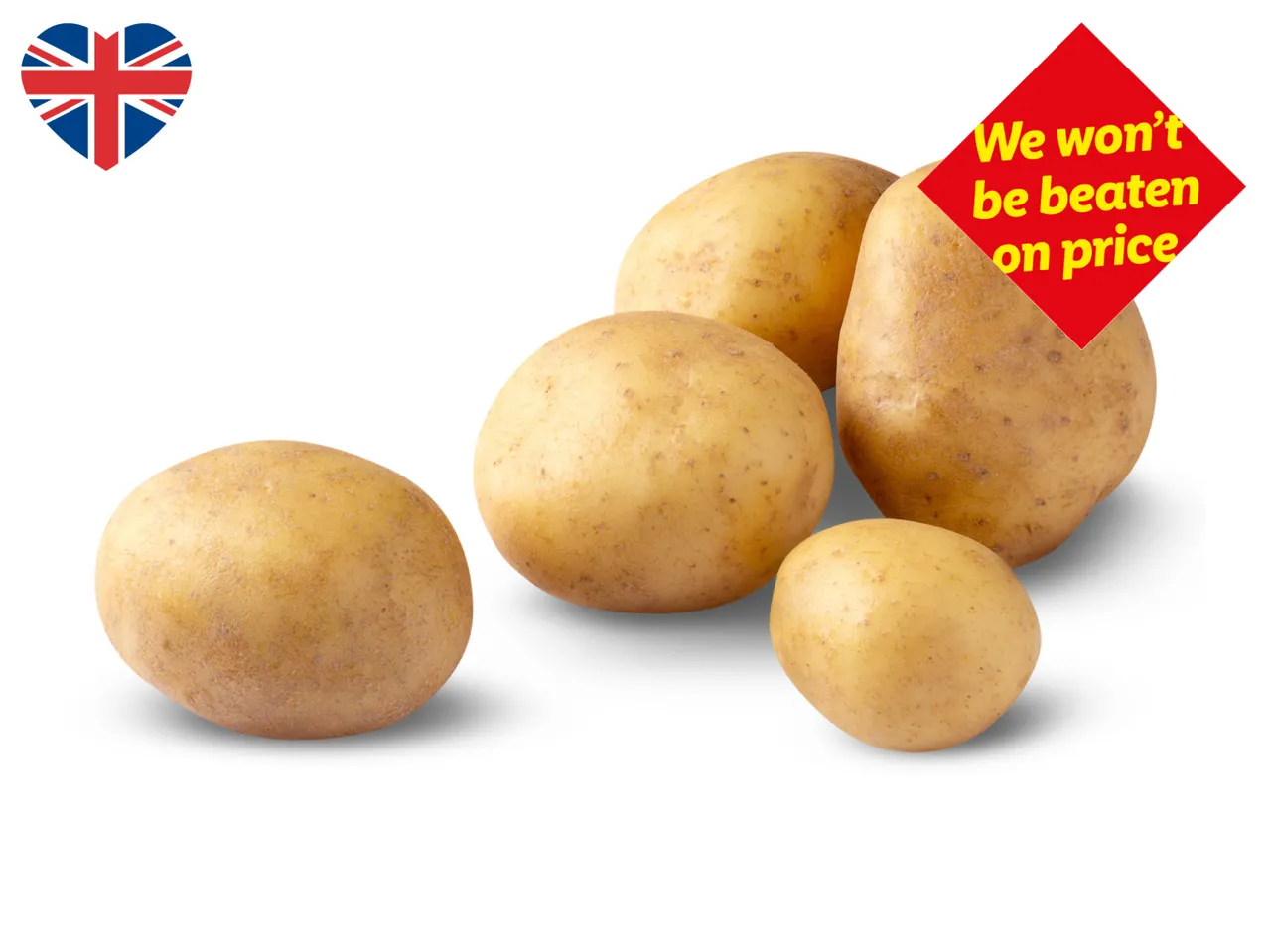 Five potatoes with a Union Jack heart and a red diamond with text: 'We won't be beaten on price'.
