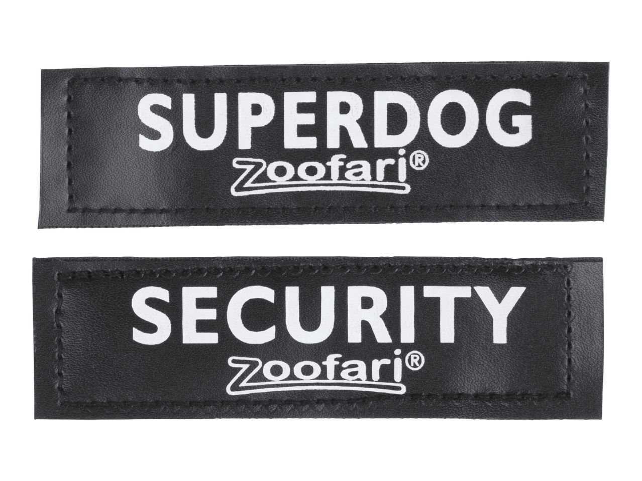 Two black ZooFari dog ID tags: one says 'SUPERDOG' and the other says 'SECURITY'.
