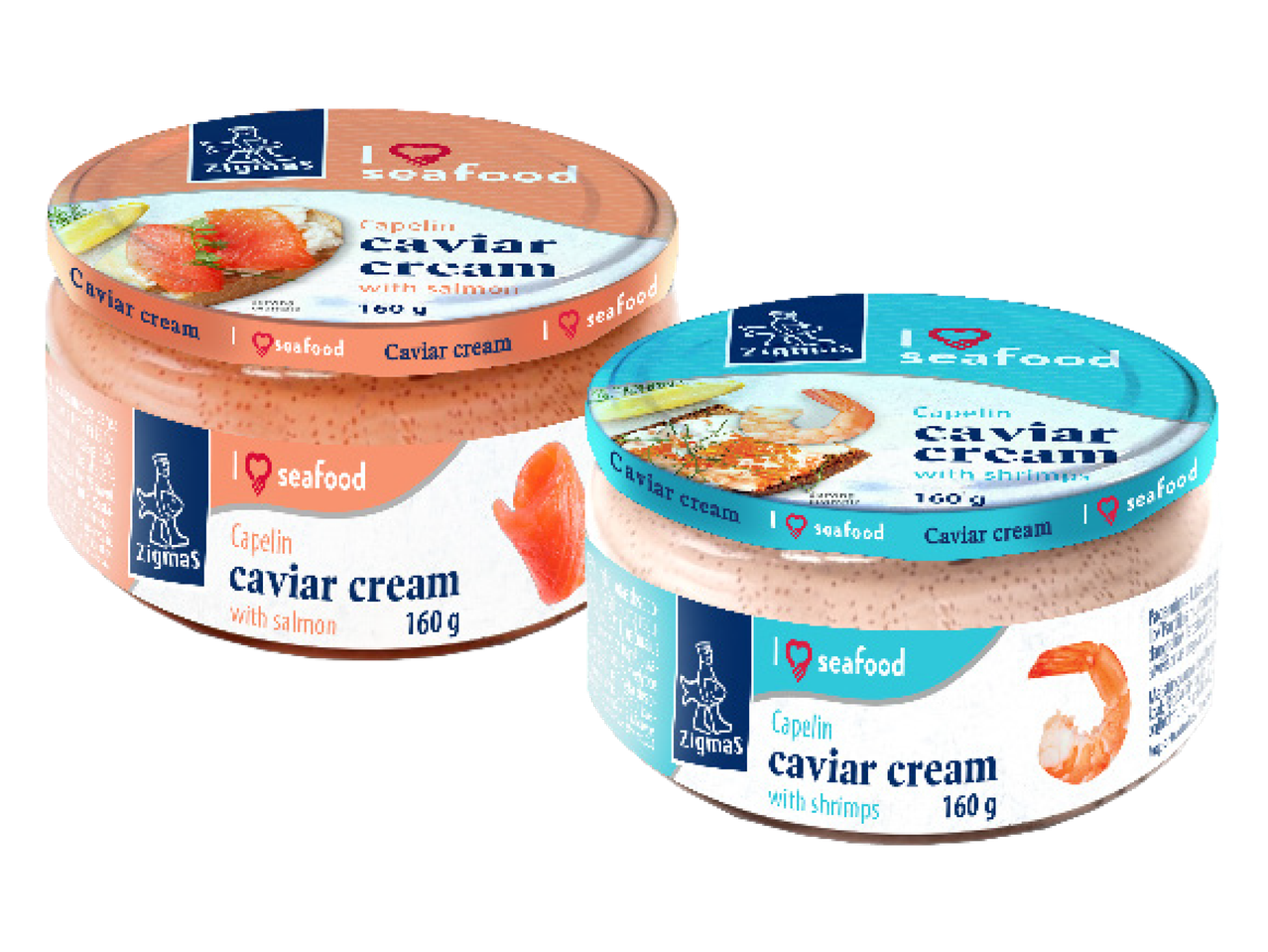Divas Zigmas zīmola kapelīna ikru krēma burciņas: viena ar lasi, otra ar garnelēm.