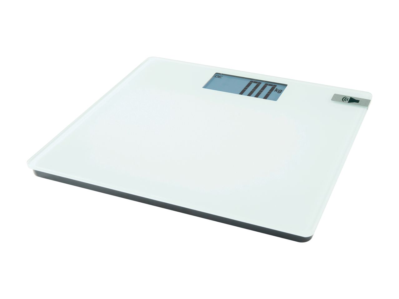 Digital bathroom scale with a white glass surface, displaying '0.0 kg' on the screen.