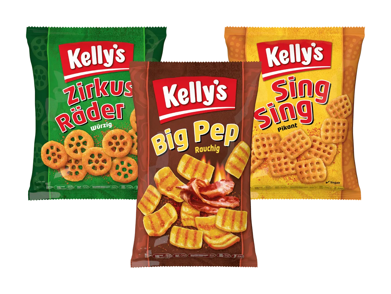 Drei Packungen Chips: Zirkus Räder, Big Pep rauchig und Sing Sing pikant.
