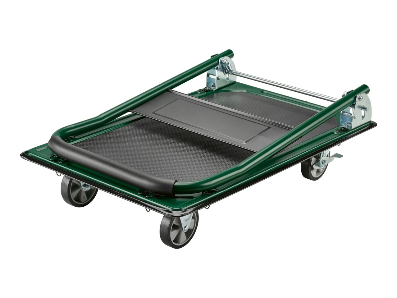 Foldable platform trolley with a green frame and black non-slip surface, featuring four wheels.